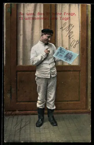 AK Soldat mit Geldschein vor einer Haustür