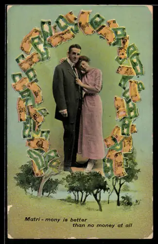 AK Paar mit Geldscheinen, Sommerliche Landschaft