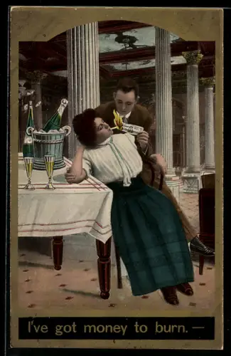 AK Liebespaar verbrennt einen Geldschein