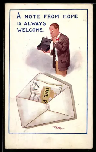 AK Mann mit einer Geldschatulle, Schein im Briefumschlag