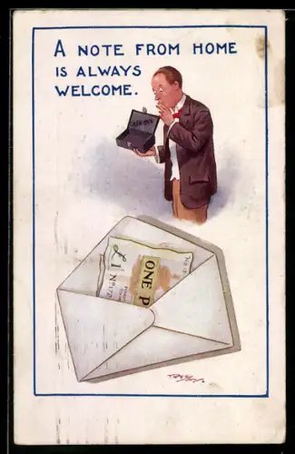 AK Mann mit einer Geldschatulle, Schein im Briefumschlag