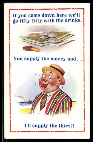 AK Schwitzender Mann, Geldscheine- und Münzen