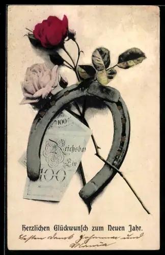 AK Geldschein mit Rosen und Hufeisen, Neujahrsgruss
