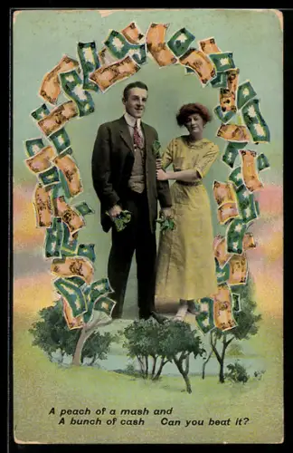 AK Paar mit Geldscheinen, Sommerliche Landschaft