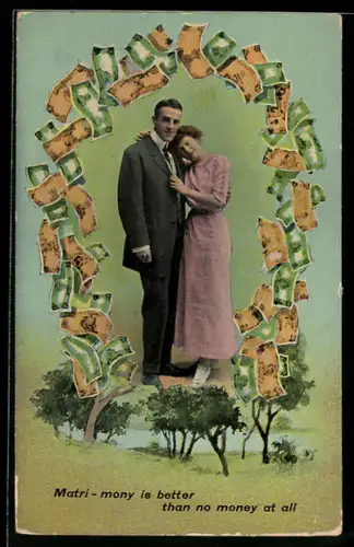 AK Paar mit Geldscheinen, Sommerliche Landschaft