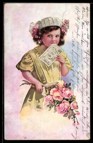 AK Mädchen mit Rosen und einem Geldschein