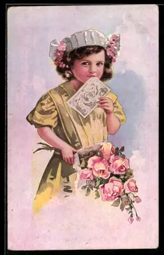 AK Mädchen im Kleid mit einem Geldschein im Mund