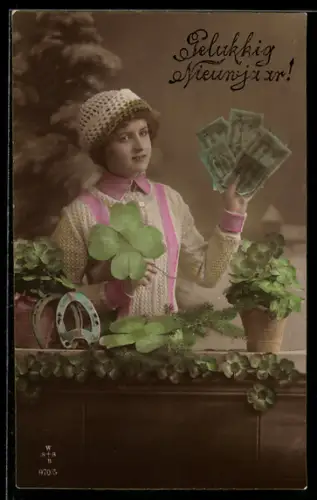 AK Junge Frau mit Geldscheinen, Neujahrsgruss
