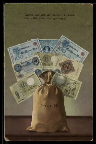 AK Diverse Reichsmark-Scheine bei einem Geldsack