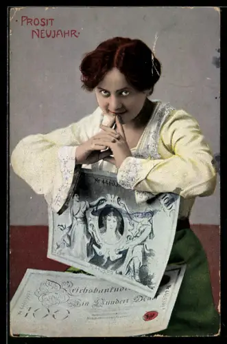 Künstler-AK Hübsche Dame mit einer Ein Hundert Mark Reichsbanknote, Geld