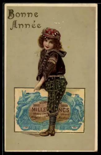 AK Kind reitet auf einem Eintausend Francs-Schein