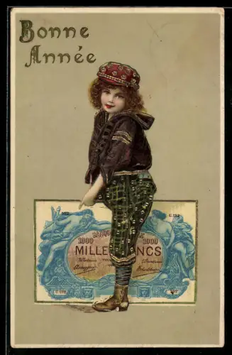 AK Kind reitet auf einem Eintausend Francs-Schein
