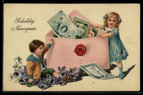 Präge-AK Kinder bei einer grossen Brieftasche mit Geldscheinen