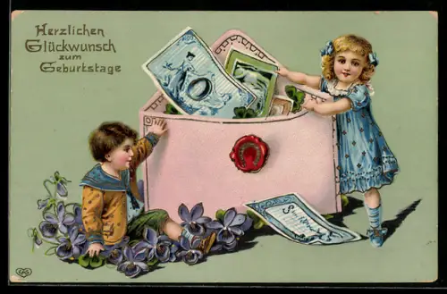 AK Kinder bei einer grossen Brieftasche mit Geldscheinen und Vergissmeinnicht