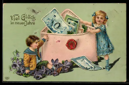 AK Kinder bei einer grossen Brieftasche mit Geldscheinen