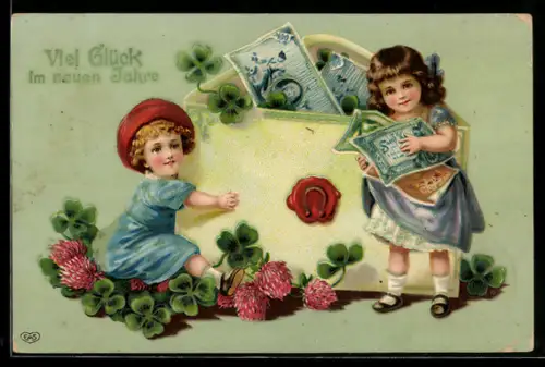 AK Zwei Mädchen mit Geldscheinen im Briefumschlag, Neujahrsgruss