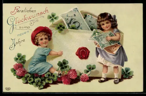 AK Zwei Mädchen mit Geldscheinen im Briefumschlag, Neujahrsgruss
