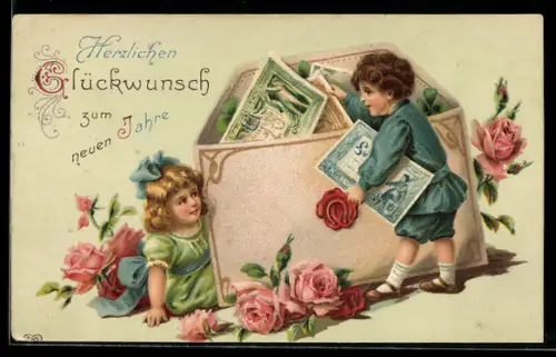 AK Kinderpaar mit Geldscheinen im Briefumschlag, Neujahrsgruss