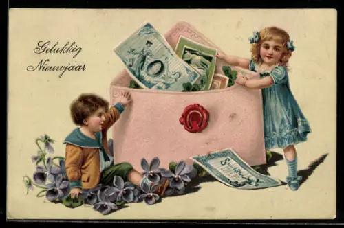 AK Kinder bei einer grossen Brieftasche mit Geldscheinen
