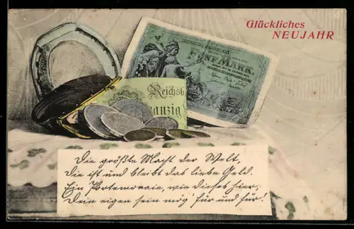 AK Fünf Reichsmark-Schein bei einer Brieftasche mit Münzen