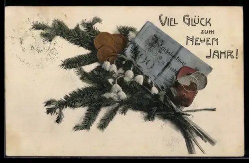 AK Einhundert Reichsmark-Schein mit Blumen und Münzen