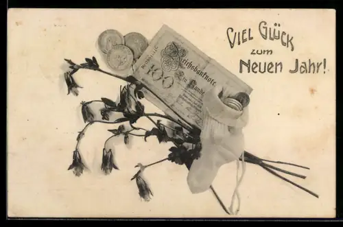 AK Einhundert Reichsmark-Schein mit Strumpf voller Münzen und Blumen