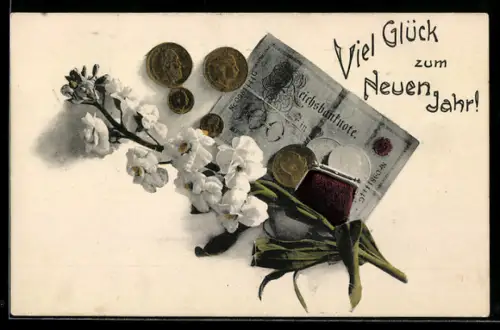 AK Einhundert Reichsmark-Schein mit Blumen und Brieftasche mit Münzen