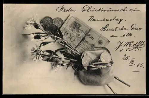 AK Einhundert Reichsmark-Schein mit Brieftasche voller Münzen und Blumen