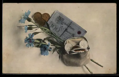 AK Einhundert Reichsmark-Schein mit Brieftasche voller Münzen und Blumen