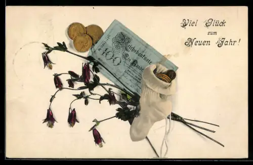 AK Einhundert Reichsmark-Schein mit Strumpf voller Münzen und Blumen