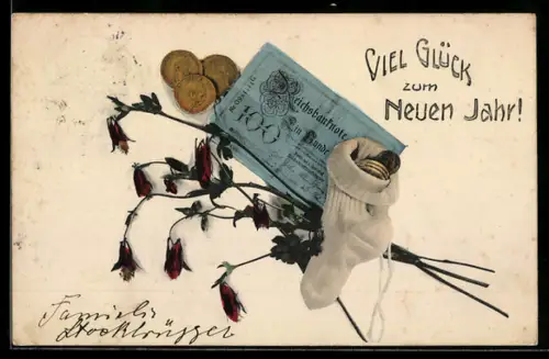 AK Einhundert Reichsmark-Schein mit Strumpf voller Münzen und Blumen