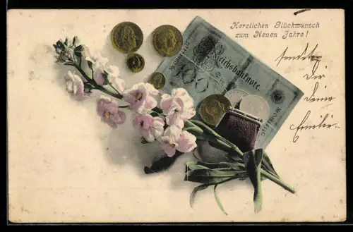 AK Einhundert Reichsmark-Schein mit Brieftasche voller Münzen und Blumen