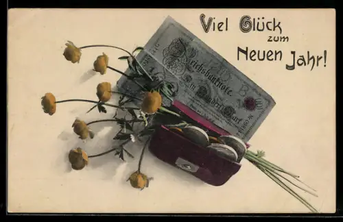 AK Berlin, Geldnote und Portemonnaie mit Münzen