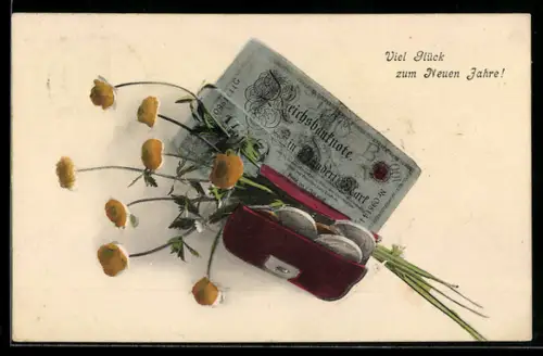 AK Einhundert Reichsmark-Schein mit Brieftasche voller Münzen und Blumen