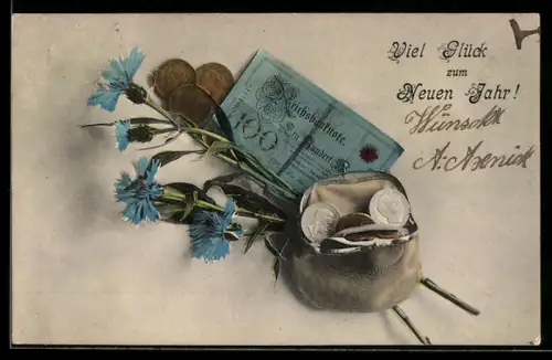 AK Einhundert Reichsmark-Schein mit Brieftasche voller Münzen und Blumen