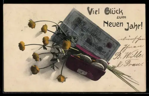 AK Berlin, Geldnote und Portemonnaie mit Münzen