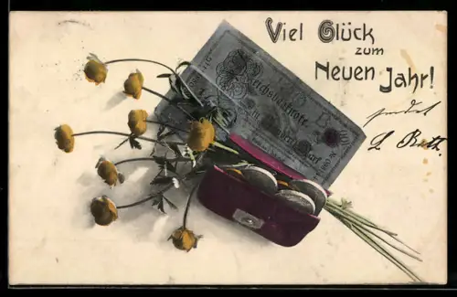 AK Berlin, Geldnote und Portemonnaie mit Münzen