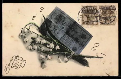 AK Einhundert Reichsmark-Schein und Blumen