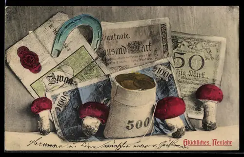 AK Neujahrsgruss, Geld, Pilze & Hufeisen