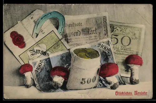 AK Neujahrsgruss, Geld, Pilze & Hufeisen