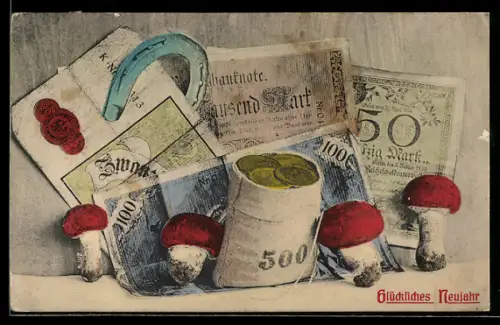AK Neujahrsgruss, Geld, Pilze & Hufeisen