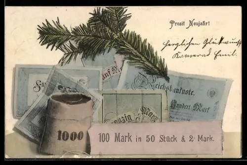 AK Prosit Neujahr!, 100 Mark in 50 Stück à 2 Mark, Mümzrolle