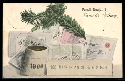 AK Diverse Reichsmarkscheine bei einem Geldsack