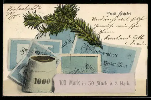 AK Prosit Neujahr!, 100 Mark in 50 Stück à 2 Mark, Mümzrolle