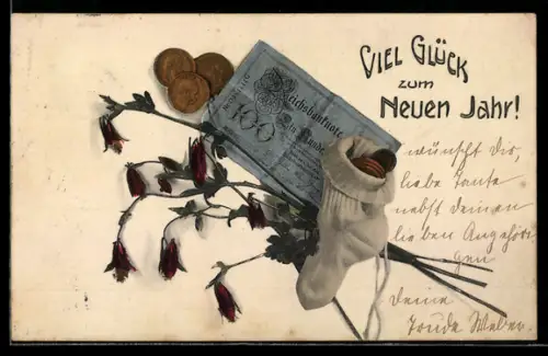 AK Einhundert Reichsmark-Schein mit Strumpf voller Münzen und Blumen