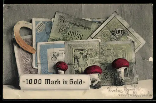 AK Diverse Reichsmark-Scheine mit Fliegenpilzen und Hufeisen