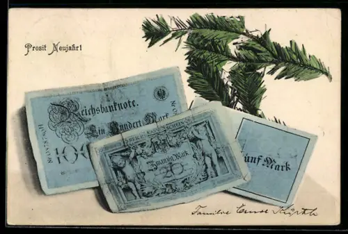 AK Neujahr, Banknoten unter Tannenzweigen, Geld