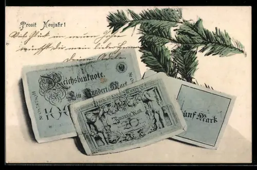 AK Neujahr, Banknoten unter Tannenzweigen, Geld