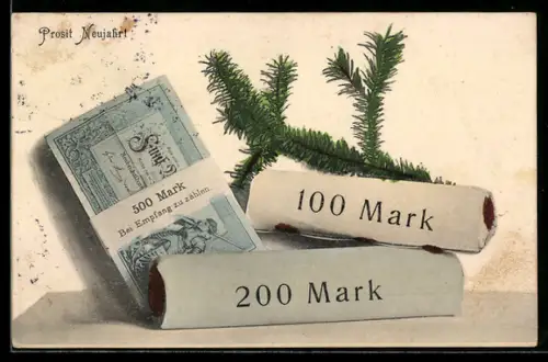 AK Bündel Reichsmark-Scheine und Geldrollen mit Tannenzweig