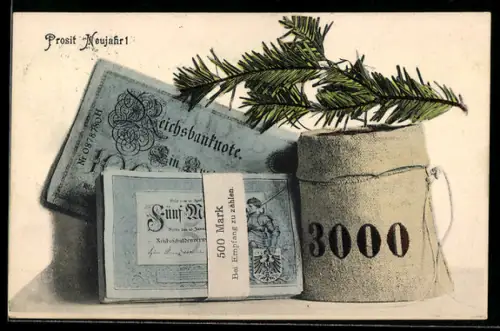 AK Prosit Neujahr, 3000 Reichsbanknoten im Sack